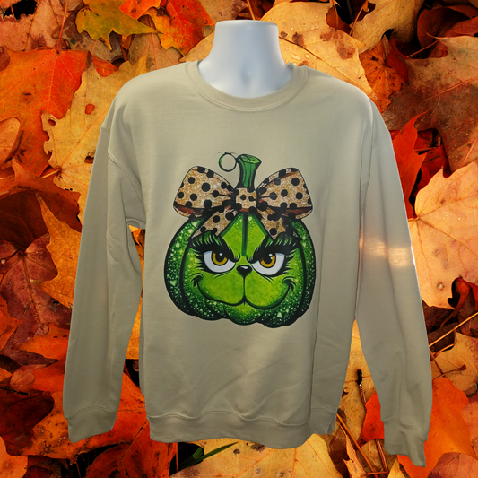 Green pumpkin with bow sand colored crew neck sweatshirt