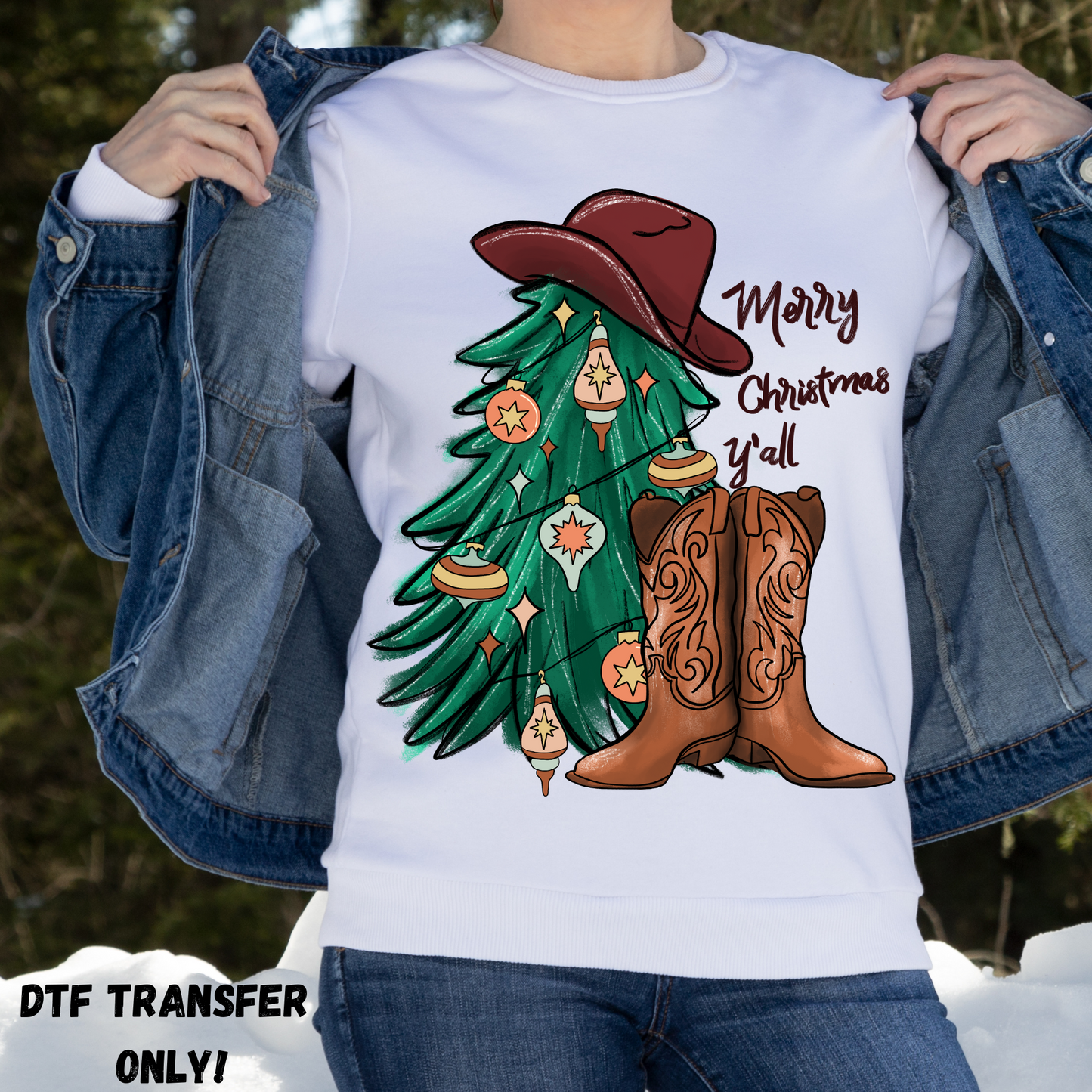 Merry Christmas y'all tree boots DTF transfer