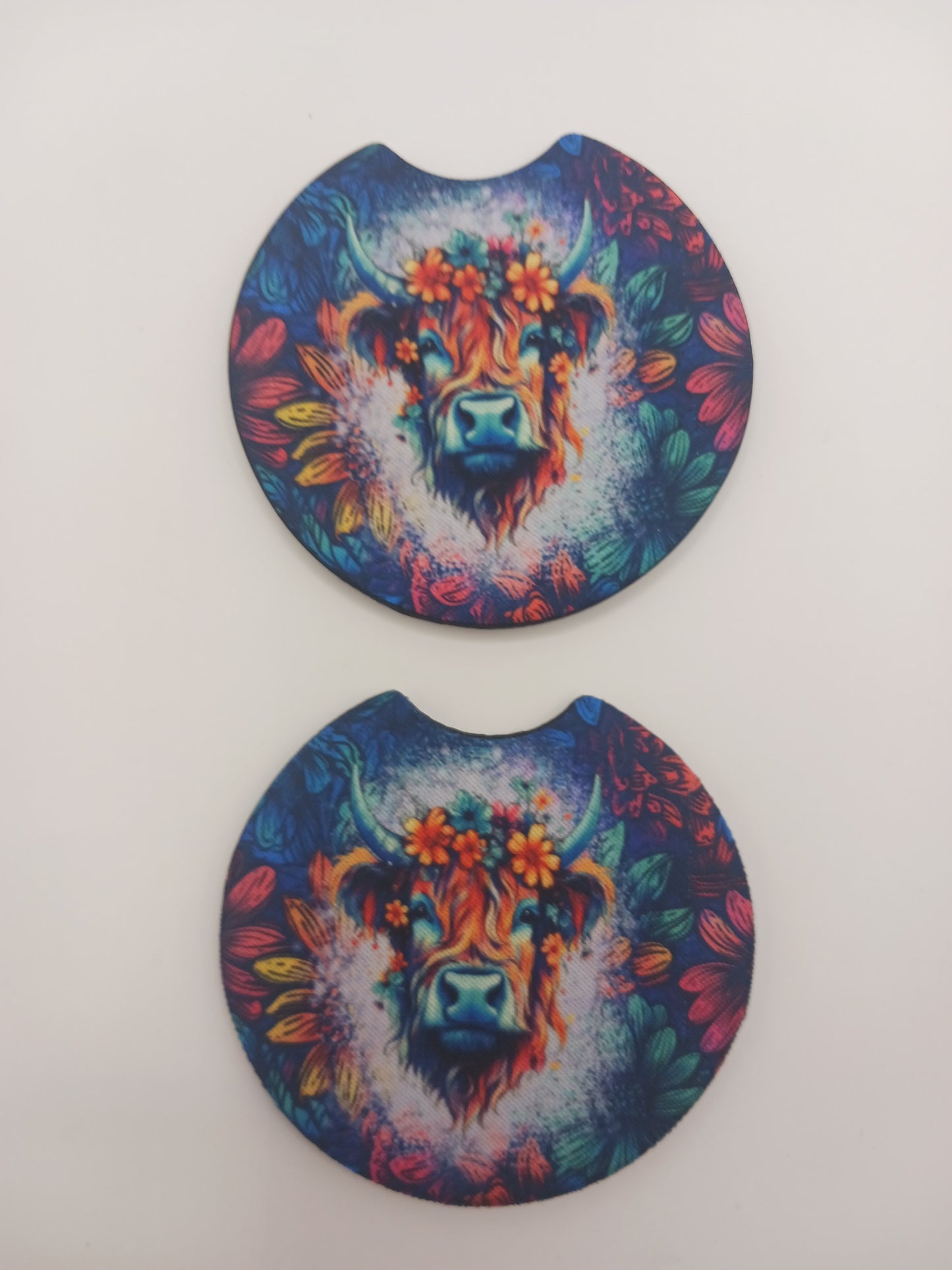 Colorful highland cow car coasters