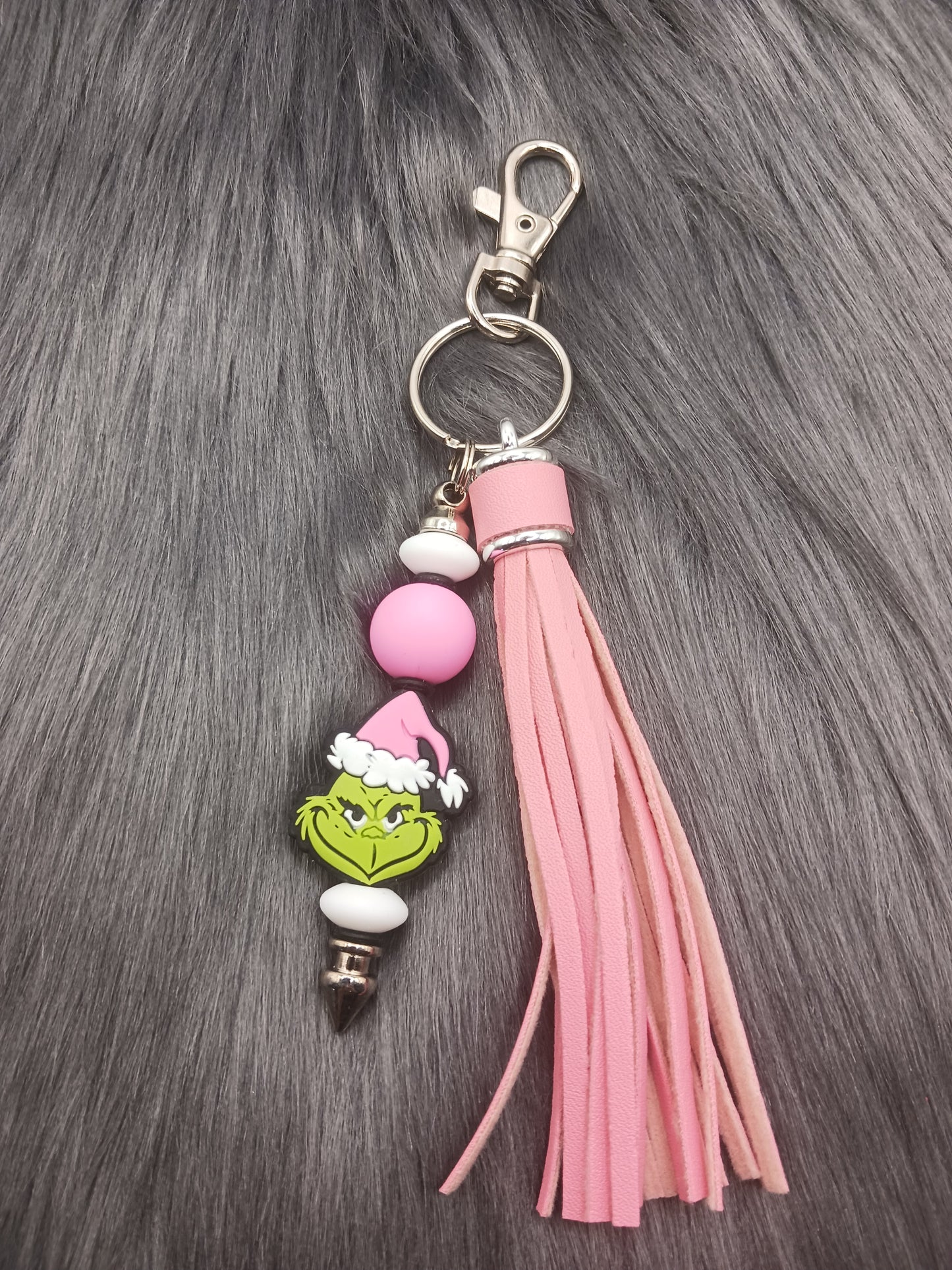 Pink Christmas green guy beaded keychain with tassel