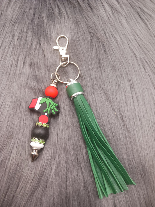 Green Christmas hand beaded keychain