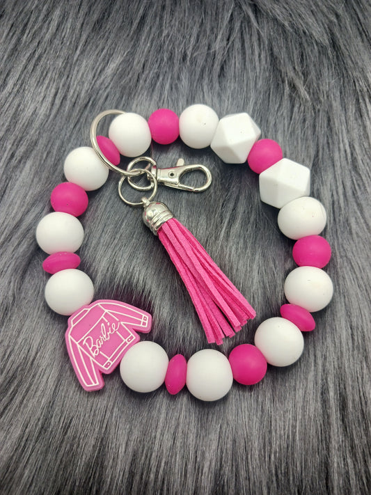 Pink doll silicone beaded wristlet with tassel