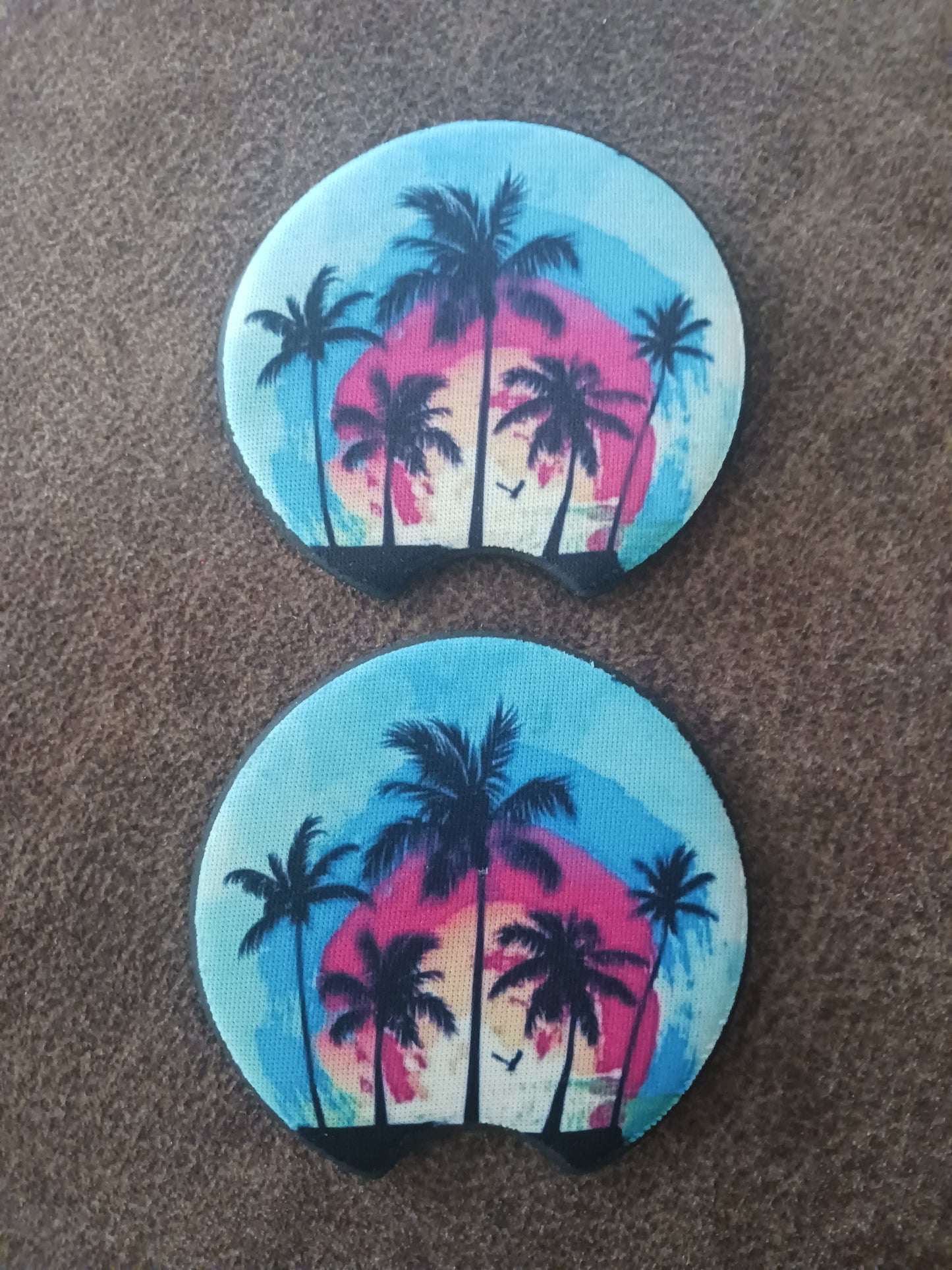 Sunset palm tree car coasters