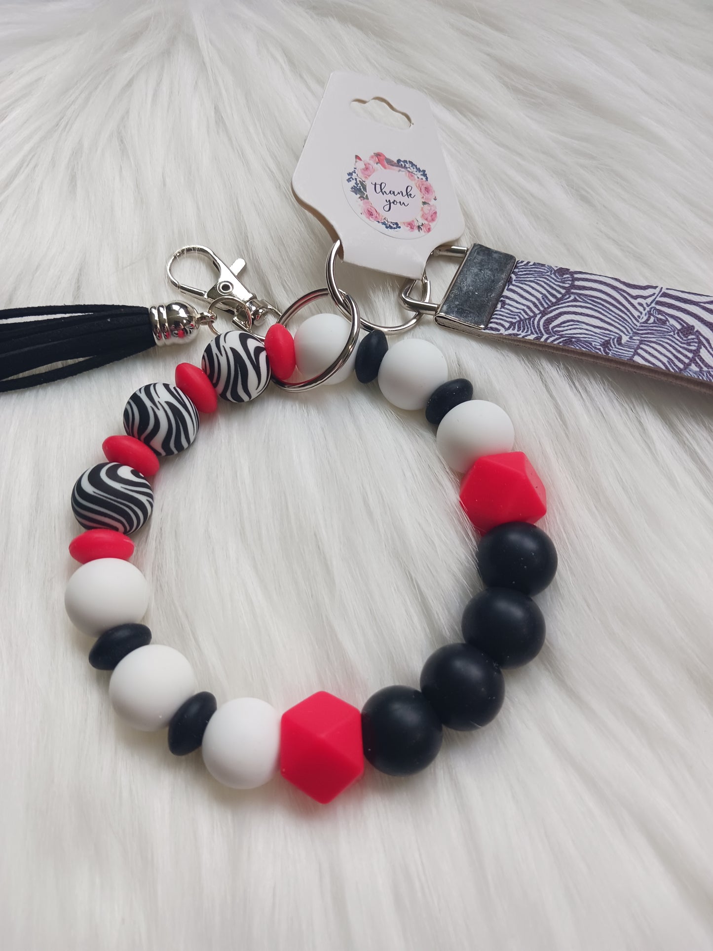 Zebra pattern silicone beaded Wristlet keychain set