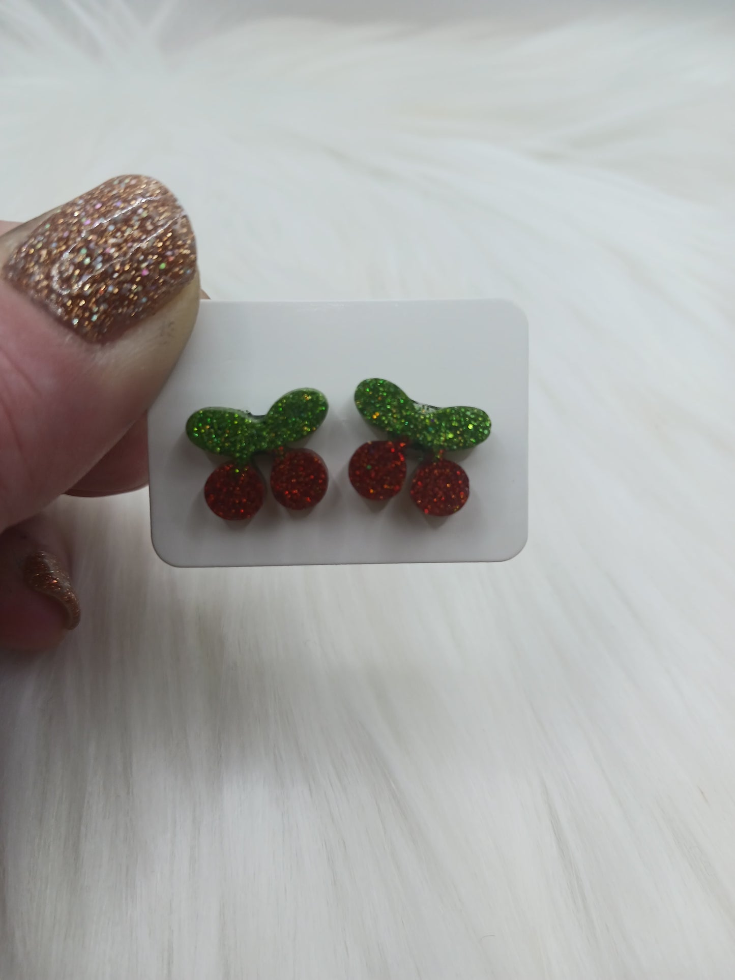 Glittery cherry shaped handmade .5" stud earrings