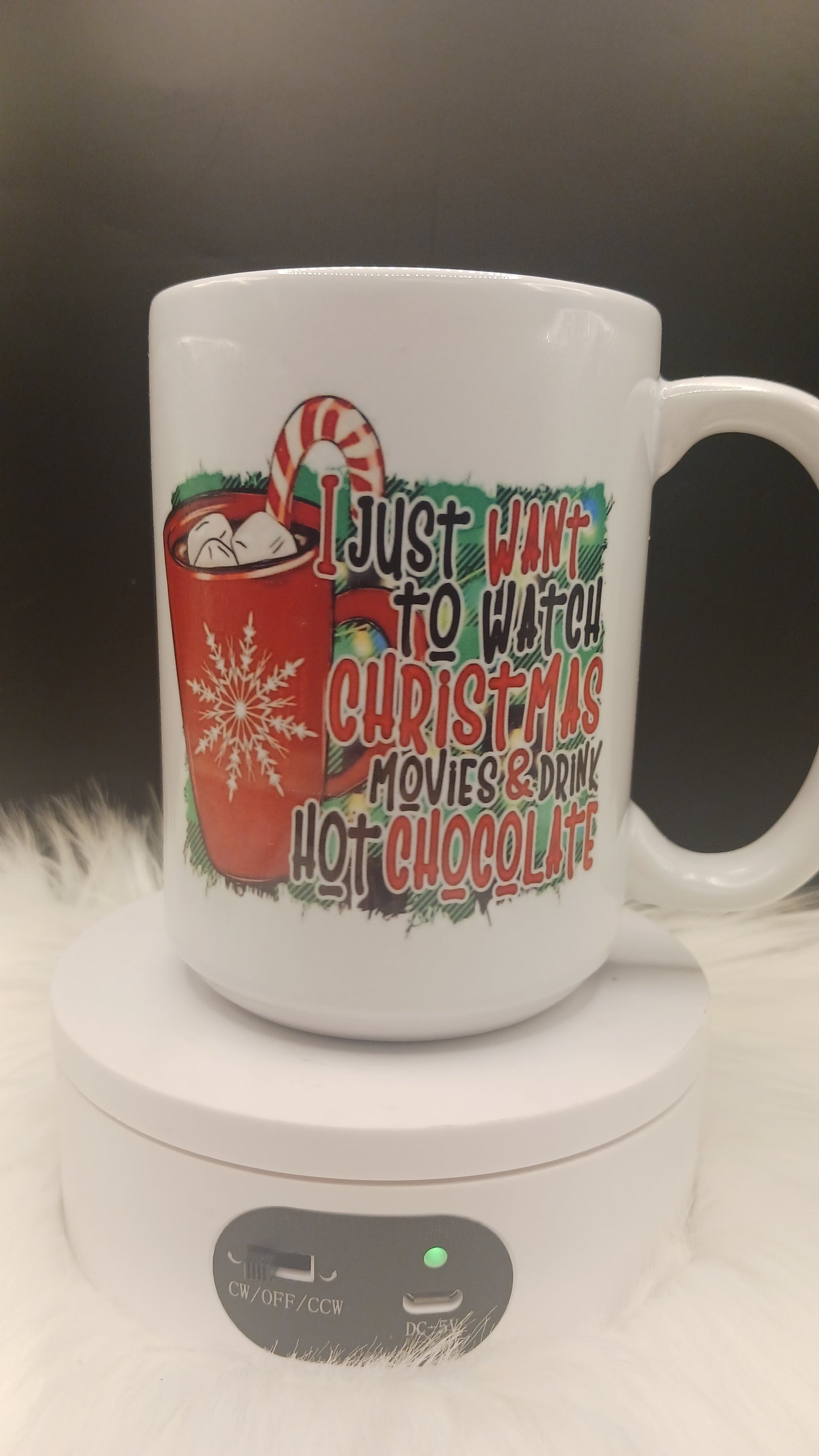 Christmas movies and hot chocolate mug