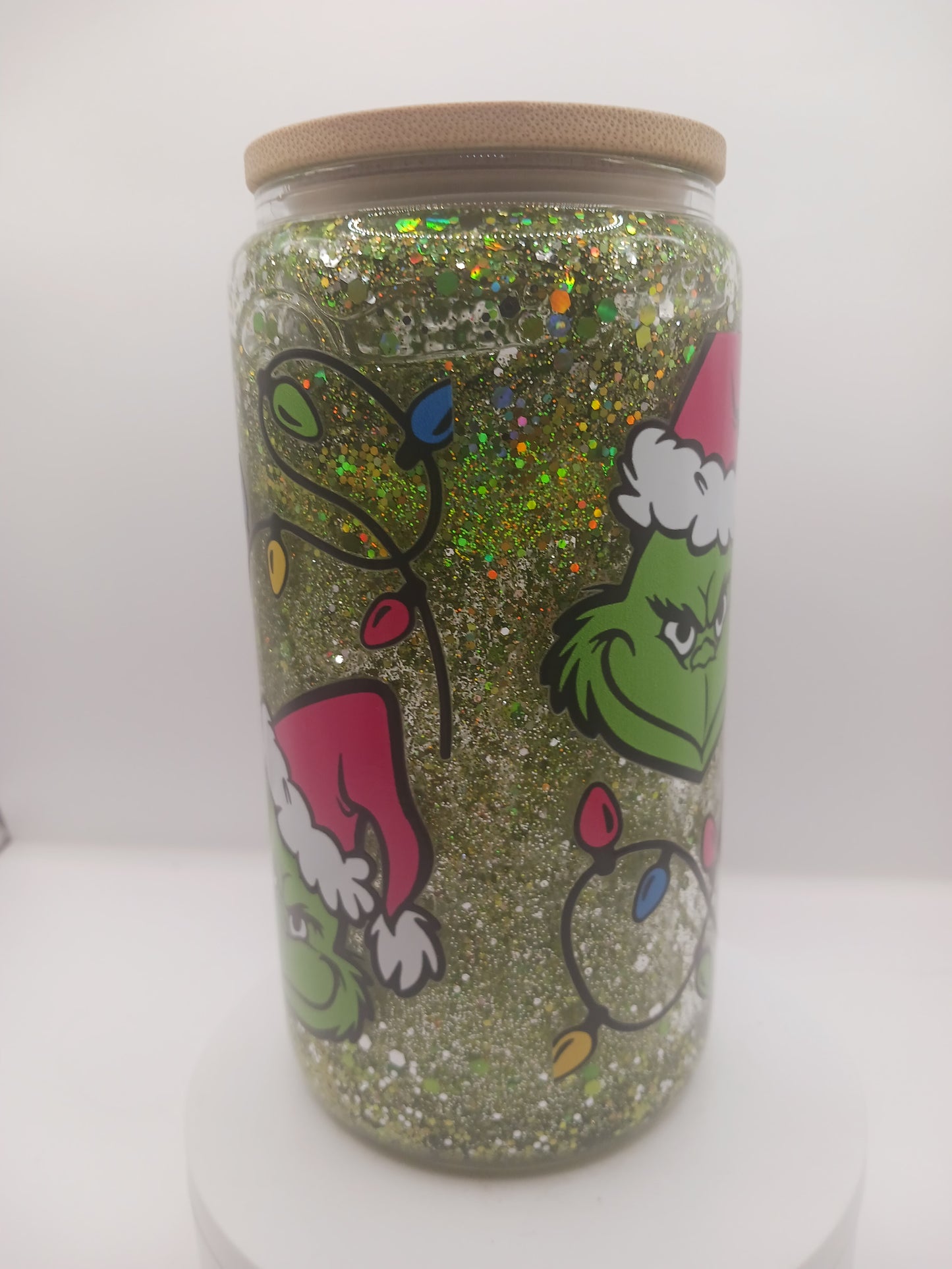 16 oz glass snowglobe green guy tunbler