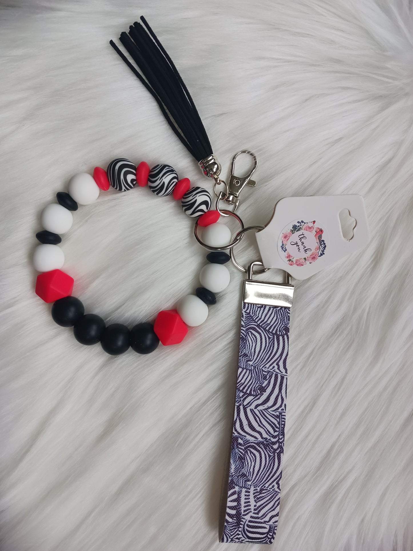 Zebra pattern silicone beaded Wristlet keychain set