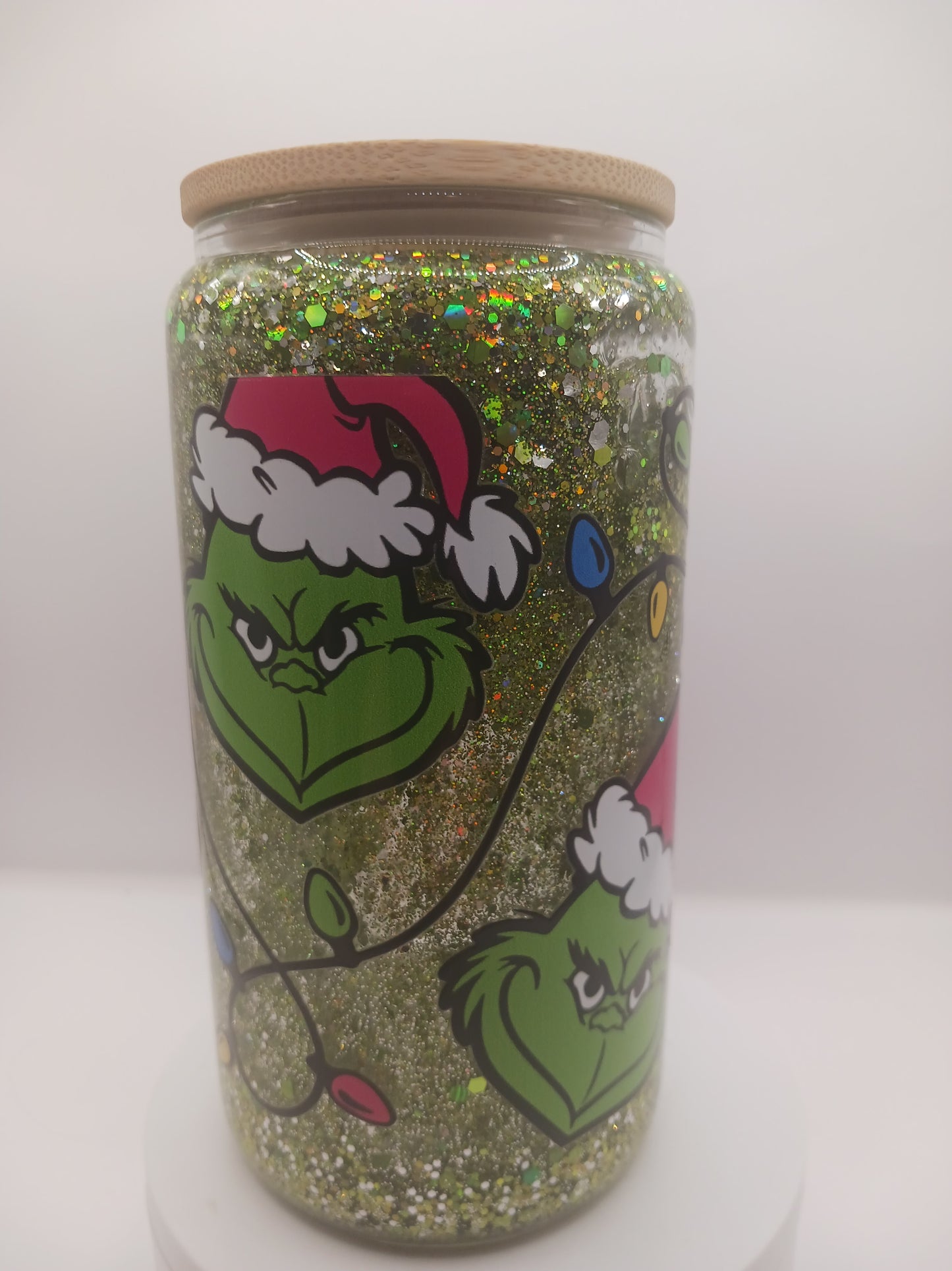 16 oz glass snowglobe green guy tunbler