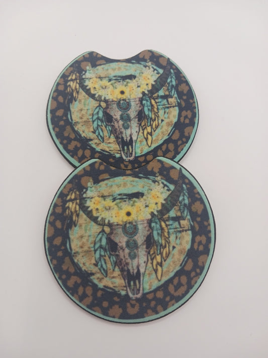 Western teal bull car coasters