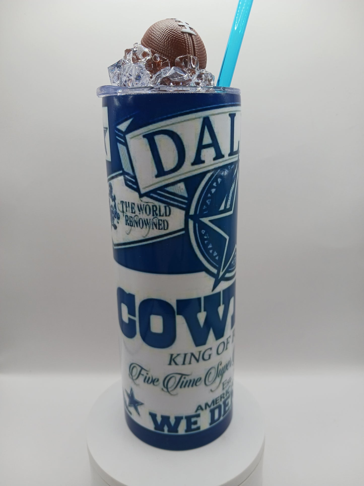 Boyz tumbler with football ice topper lid