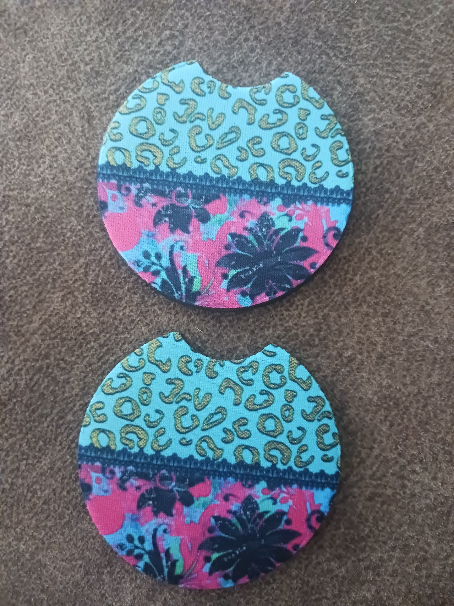 Teal print flower car coasters