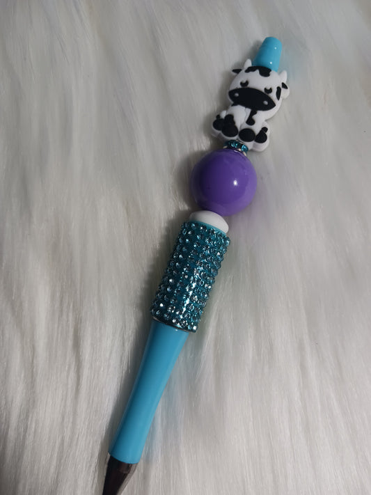 Blue rhinestone cow beaded pen